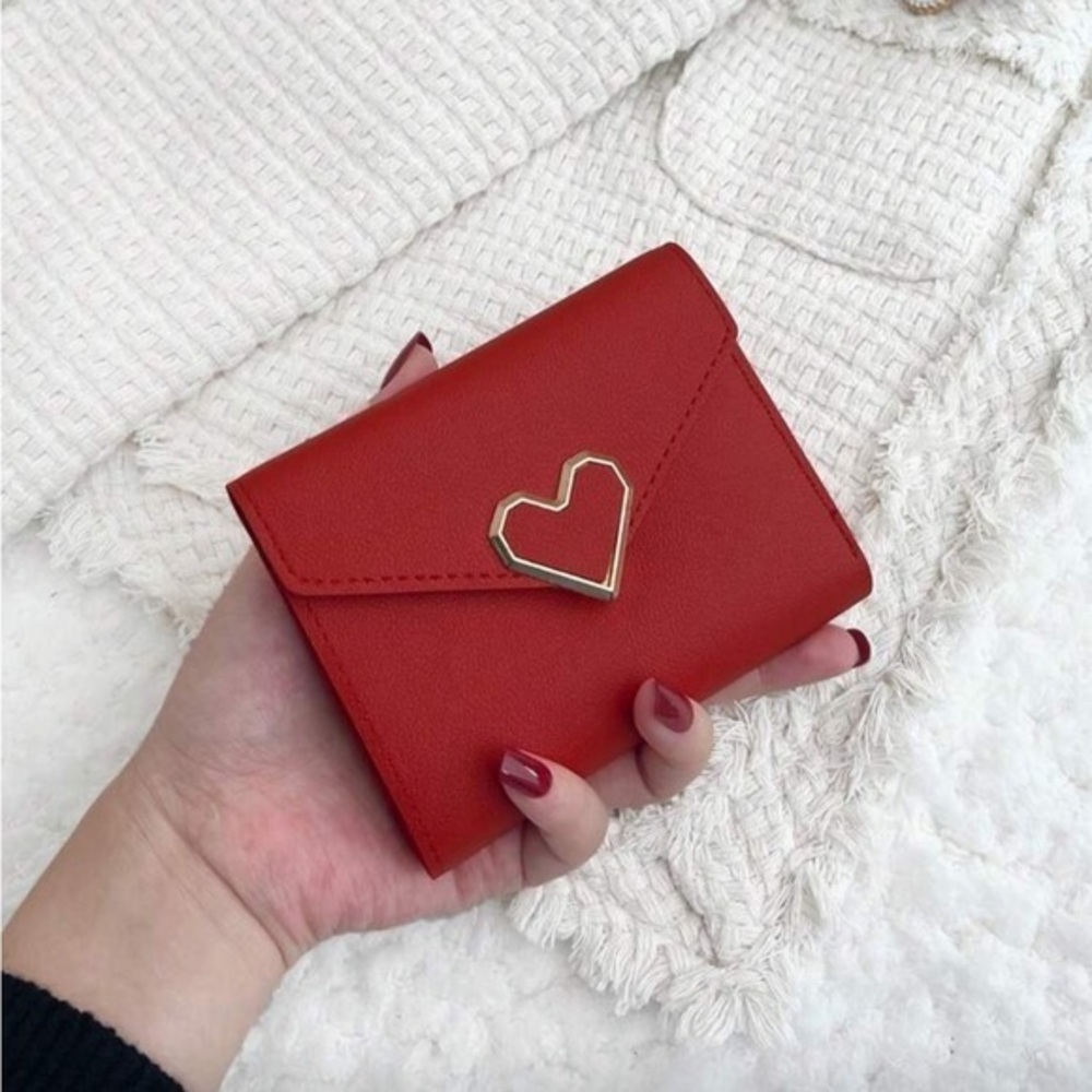 Red Faux Leather Tri-fold Wallet With A Geometric Hold Heart Tone Buckle
